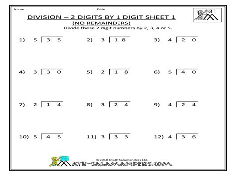 Dividing Two Digit Numbers Without Remainders Worksheets
