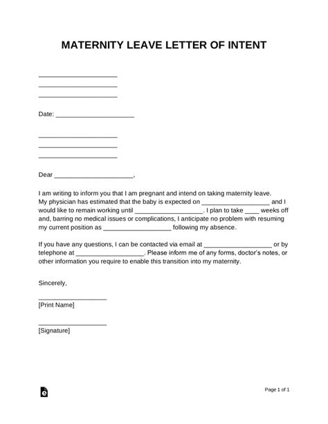 Free Maternity Leave Letter Of Intent Word Pdf Eforms