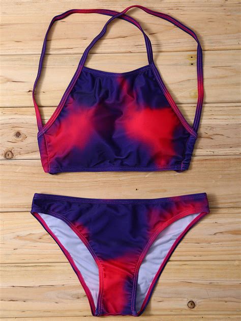 [10 off] 2021 halter tie dye bikini set in purplish red zaful