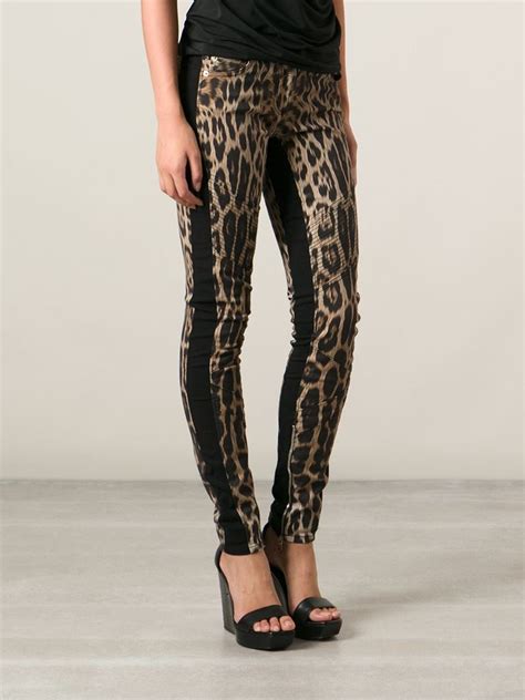 roberto cavalli denim leopard print skinny jeans in natural lyst