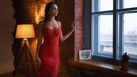 Wallpaper Sergey Zhirnov Red Dress Window Women Model X Wallpapermaniac