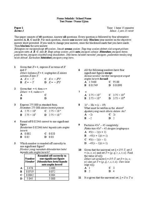 Paper 1 kertas 1 tingkatan: Kupdf.com Set Soalan Matematik Tingkatan 4