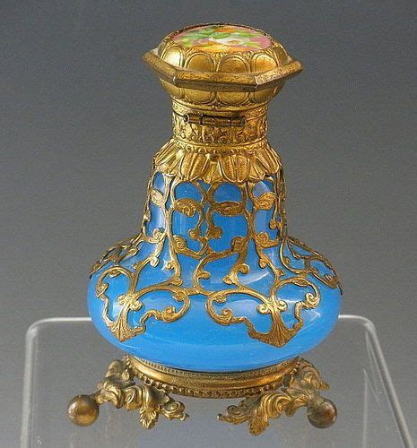 French Blue Opaline Glass Perfume Bottle With Gold Gilded Ormolu