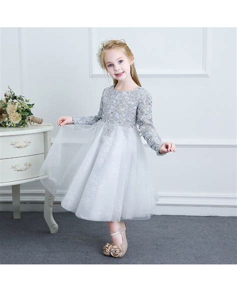 Beaded Grey Lace Couture Flower Girl Dress Spring Weddings With Long Sleeves Tg7039