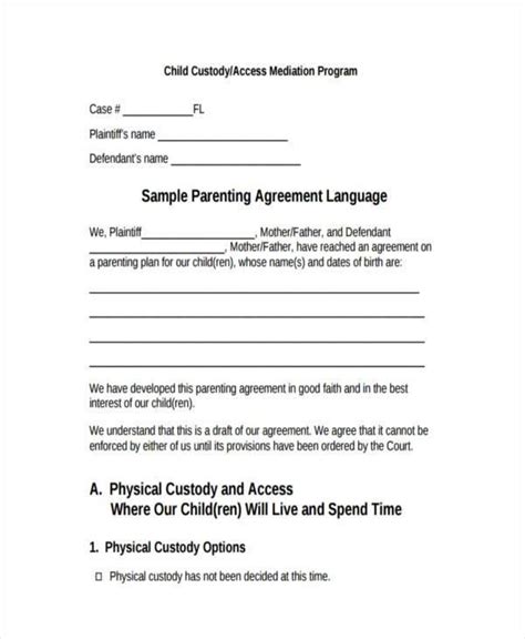 Free 9 Custody Agreement Forms In Pdf Ms Word In Child Visitation