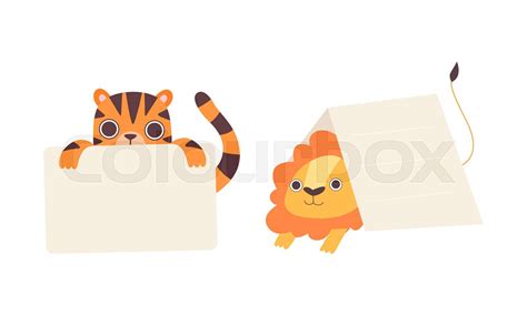 Cute Baby Animals Holding Blank Signs Set Adorable Tiger And Lion