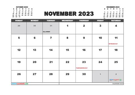 Free November 2023 Calendar With Holidays Pdf And Image