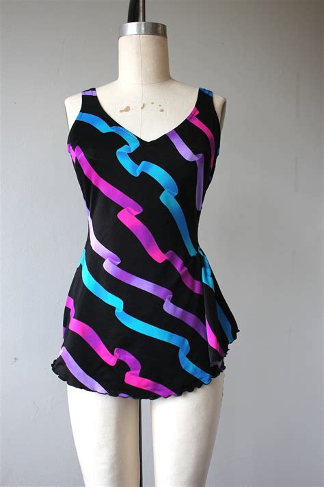Vintage 1980s Bathing Suit 80s Bright Neon Ribbons Swimsuit Etsy