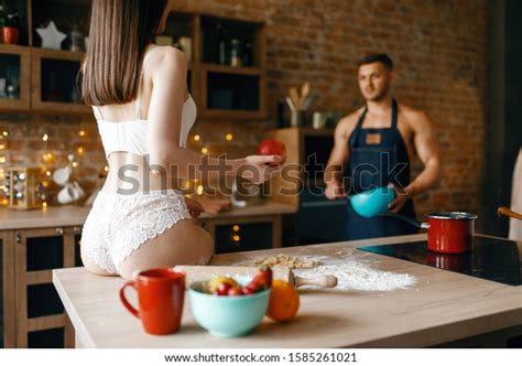 Sexy Couple Underwear Cooking On Kitchen Stock Photo Edit Now
