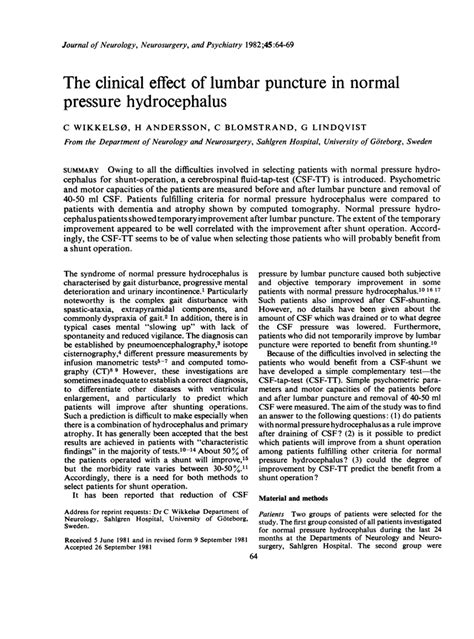 Pdf The Clinical Effect Of Lumbar Puncture In Normal Pressure