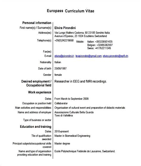Sample Europass Curriculum Vitae PDF - Free Samples ...