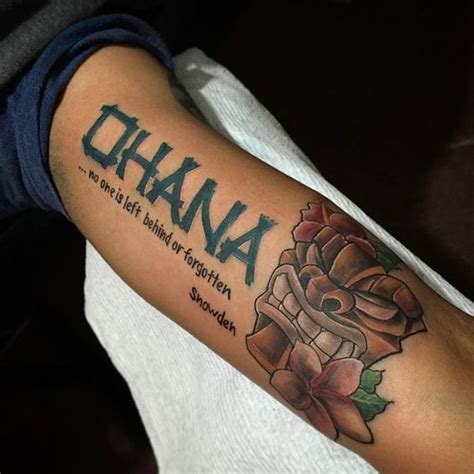 Ohana Quote With Mask Bicep Tattoo Amazing Tattoo Ideas