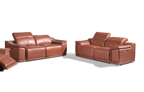 Camel Color Leather Power Reclining Sofa And Loveseat Set 2pcs Modern