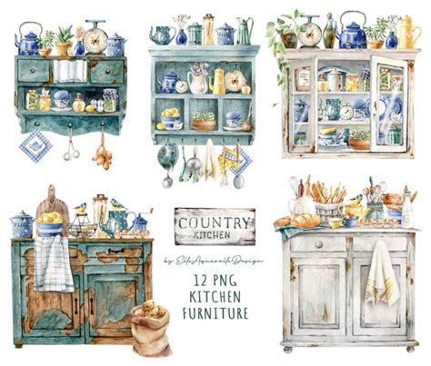 Watercolor Painting Of Kitchen Furniture And Decor