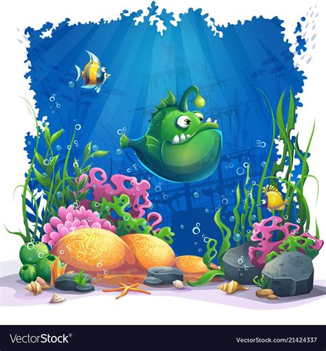Beautiful Cartoon Funny Green Fish Coral And Colorful Reefs And Algae