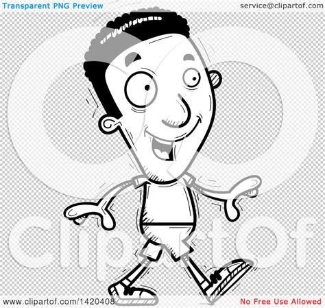 Clipart Of A Cartoon Black And White Lineart Doodled Black Man Walking