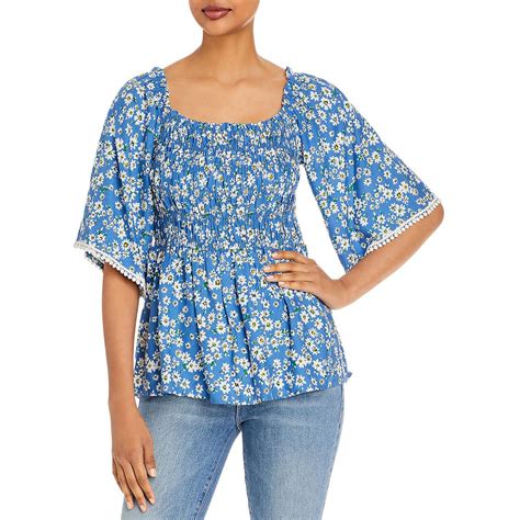 Status By Chenault Womens Floral Smocked Square Neck Blouse Top BHFO