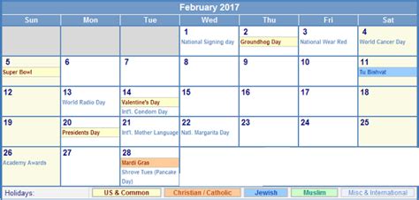 Calendar 2017 Holidays February 2017 Calendar February Holidays