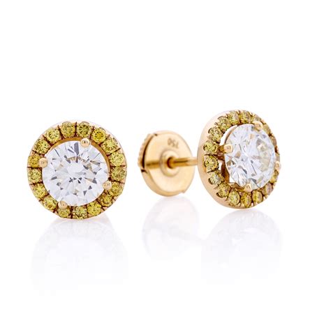 Ct Yellow Gold Diamond Stud Earrings With Yellow Diamond Halo