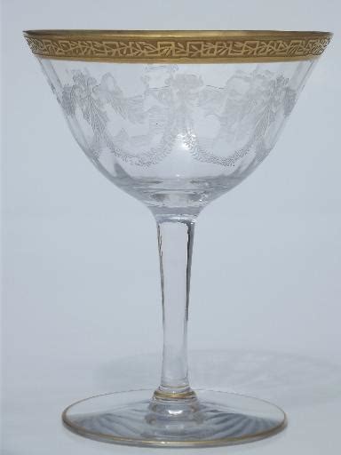 Gold Encrusted Laurel Band Etched Crystal Vintage Champagne Glasses