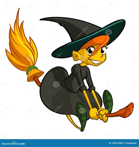 Cartoon Cute Witch Flying On Her Broom Stock Vector Illustration Of Broom Hair 155319406