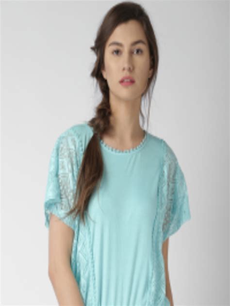 buy mast and harbour women turquoise blue self design blouson top tops for women 1641560 myntra