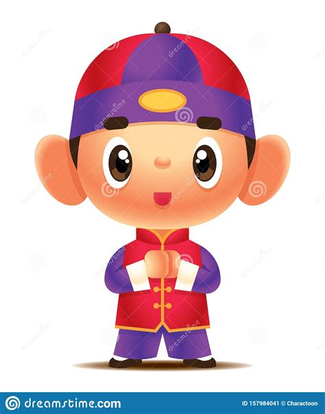 Cartoon Cute Boy Wearing Traditional Chinese Jacket Wishes Happy