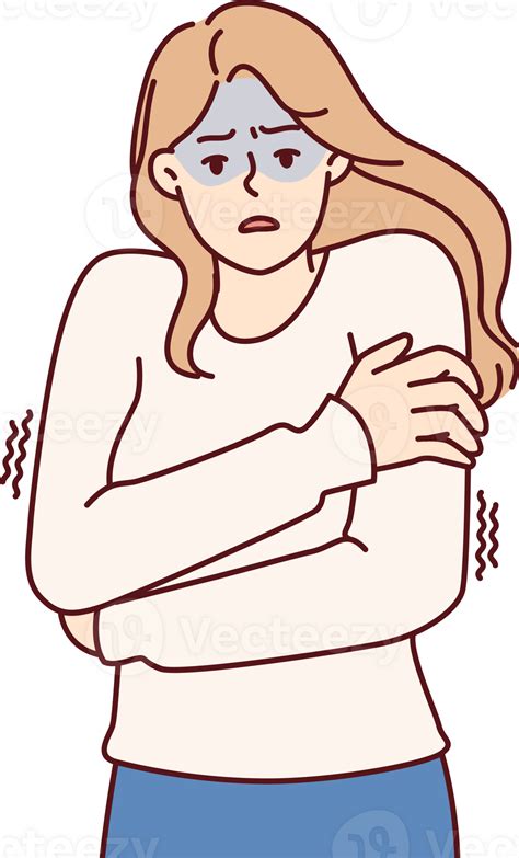 Freezing Woman Hugging Shoulders Trying To Keep Warm And Feeling Chills