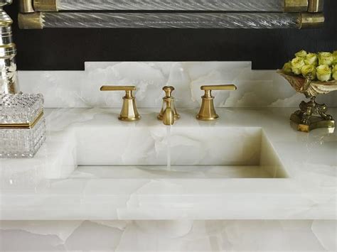 White Onyx Countertop With Brass And Glass Mirror Transitional