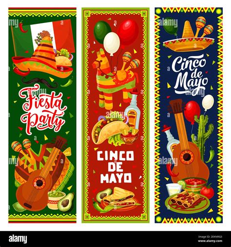 Cinco De Mayo Fiesta Party Vector Invitation Banners Of Mexican Holiday Design Sombrero Guitar