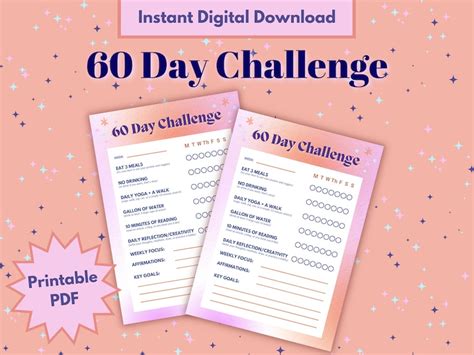 60 Day Challenge Printable Digital Tracker For Fitness Wellness And