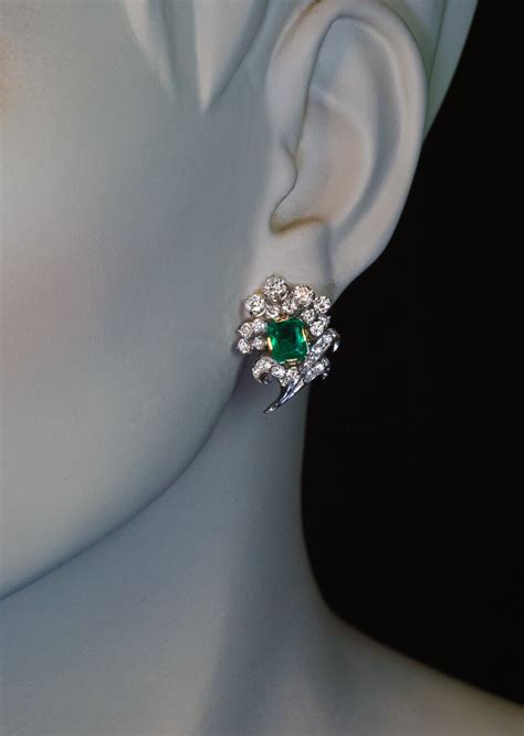 Vintage Emerald Diamond White Gold Earrings Ref 820648 Antique