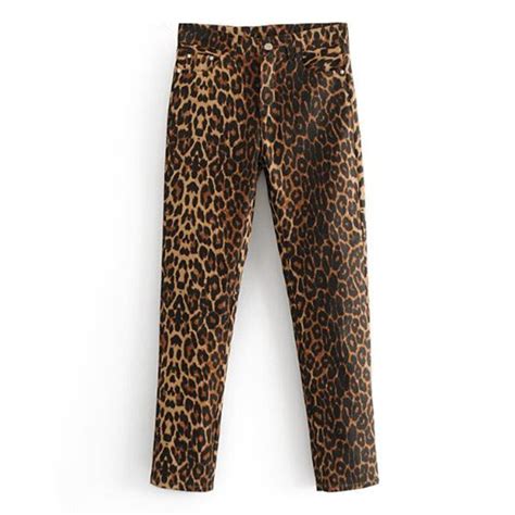 2018 Women Vintage Skinny Leopard Jeans Middle Waist Slim Fit Stretch