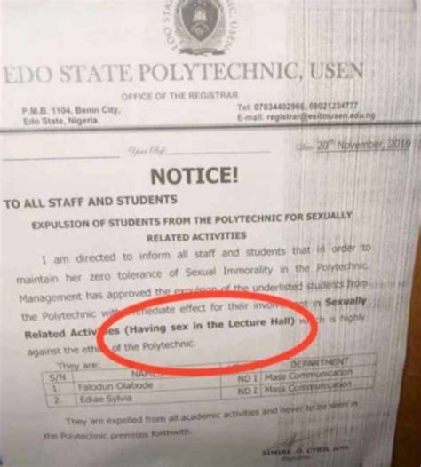 Edo State Polytechnic Expels Two Students Caught Having Sex Inside A