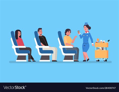 flight attendant serving drinks to airplane board vector image