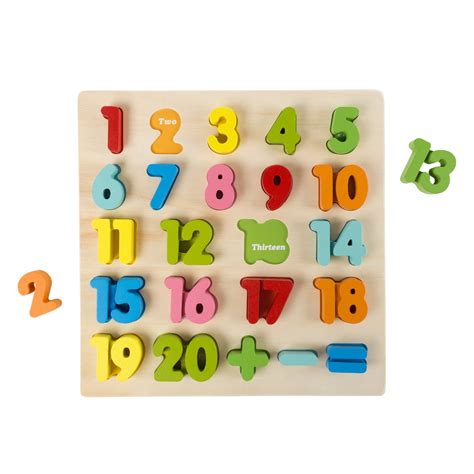 Wooden Number Puzzle Board With Colorful Pieces And Math Signs Stem