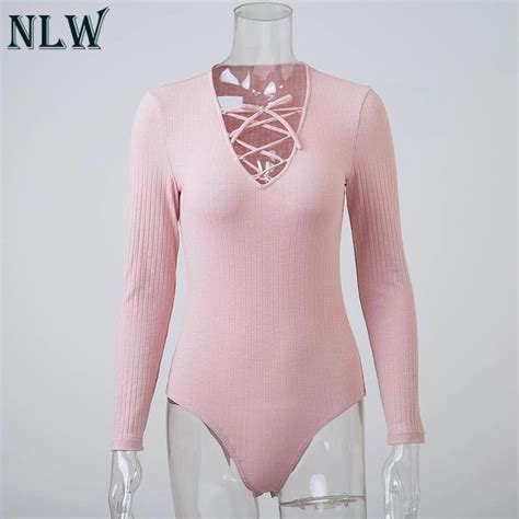 Nlw Women Long Sleeve Skinny Bodysuit Sexy Basic Solid Pink Bodysuit Rompers Ribbed Lace Up V