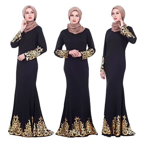 Arab Muslim Women Hot Stamping Maxi Dress Abaya Jilbab Mermaid Gown