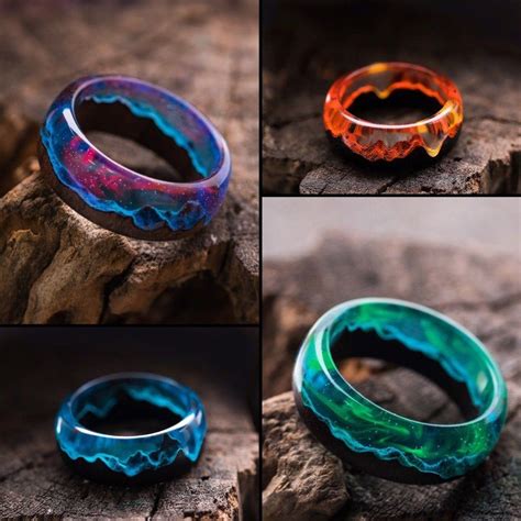 Wood Resin Rings Set Of Rings Engagement Wood Unique Designer Ring Epoxy Ring Green Secret Of