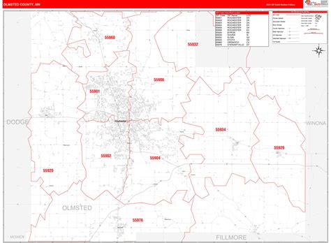 Olmsted County, MN Zip Code Wall Map Red Line Style by MarketMAPS