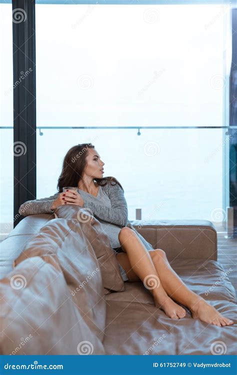 Cute Girl Is Relaxing On Leather Sofa Stock Image Image Of Beautiful Home 61752749