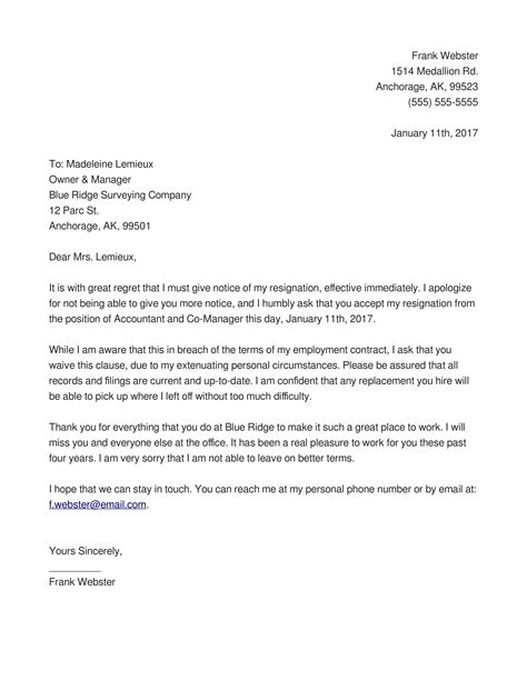 Sample Of Resignation Letter With Immediate Effect For