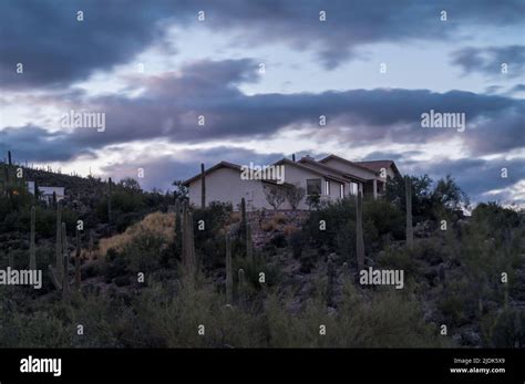 Modern Home In Tucson Arizona Usa With Beautiful Blue Evening Sky And