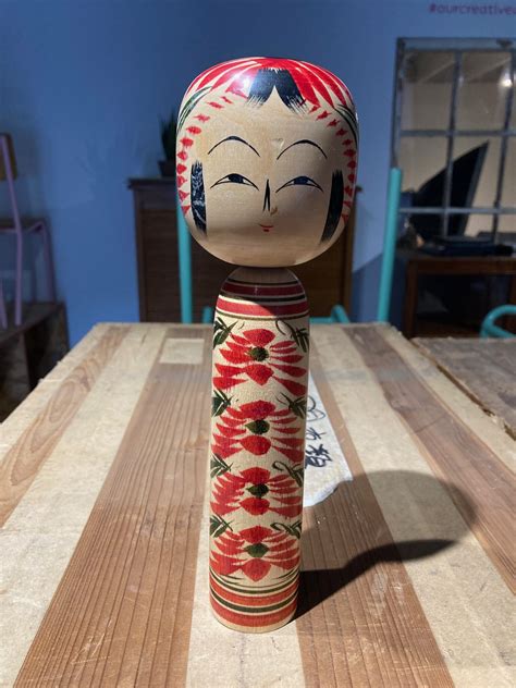 Wooden Japanese Kokeshi Doll Blue Ticking