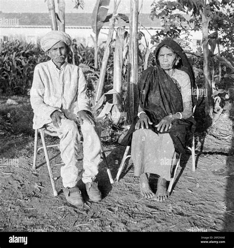 Old Vintage 1900s Black And White Picture Indian Rural Couple Portrait Man Woman Husband Wife