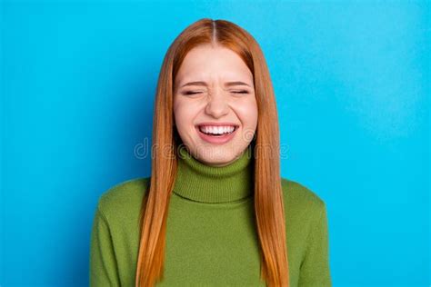 Portrait Of Attractive Cheerful Ecstatic Red Haired Girl Lauging Lol