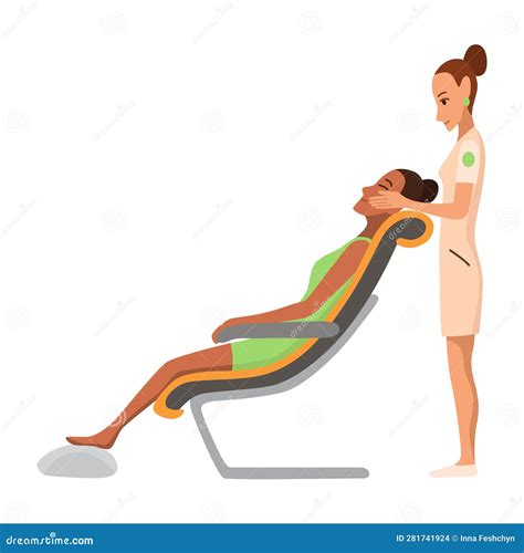 Massage Therapist At Work Patient Sits On Chair Enjoying Body Relaxing Treatment Stock Vector
