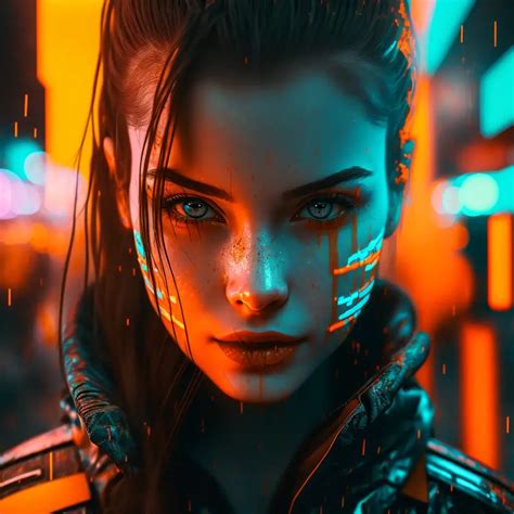 A Woman With Long Hair And Blue Eyes Stares Into The Distance While Standing In Front Of Neon Lights