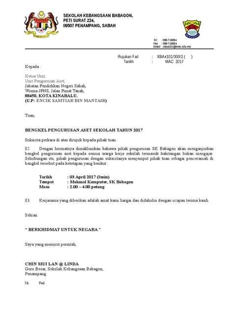 Kita akan bertemu semasa sesi bersemuka pada 24 gpk dan guru tidak mempunyai kemahiran yang mendalam dalam pengursan aset dan guru aset terbeban dengan kerja pengurusan aset kerana. Surat Jemputan Penceramah Bengkel Pengurusan Aset Sekolah 2017