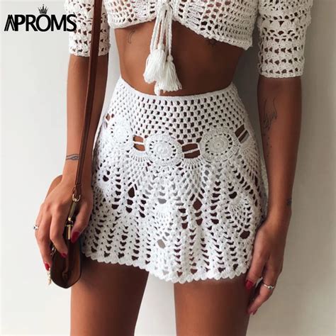 Aproms Candy Color Handmade Cotton Knitted Crochet Mini Skirts Women Summer Hollow Out High